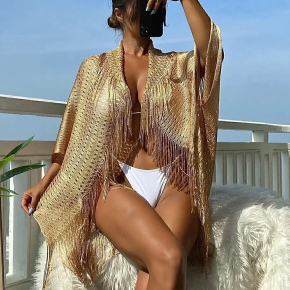MODA ME COUTURE Other - Gold Hollow Out Fringe Trim Batwing Sleeve Kimono